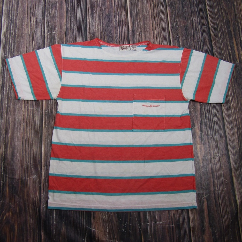Huntington Ridge Unisex M Red Striped Pocket T Shirt Short Sleeve Granny